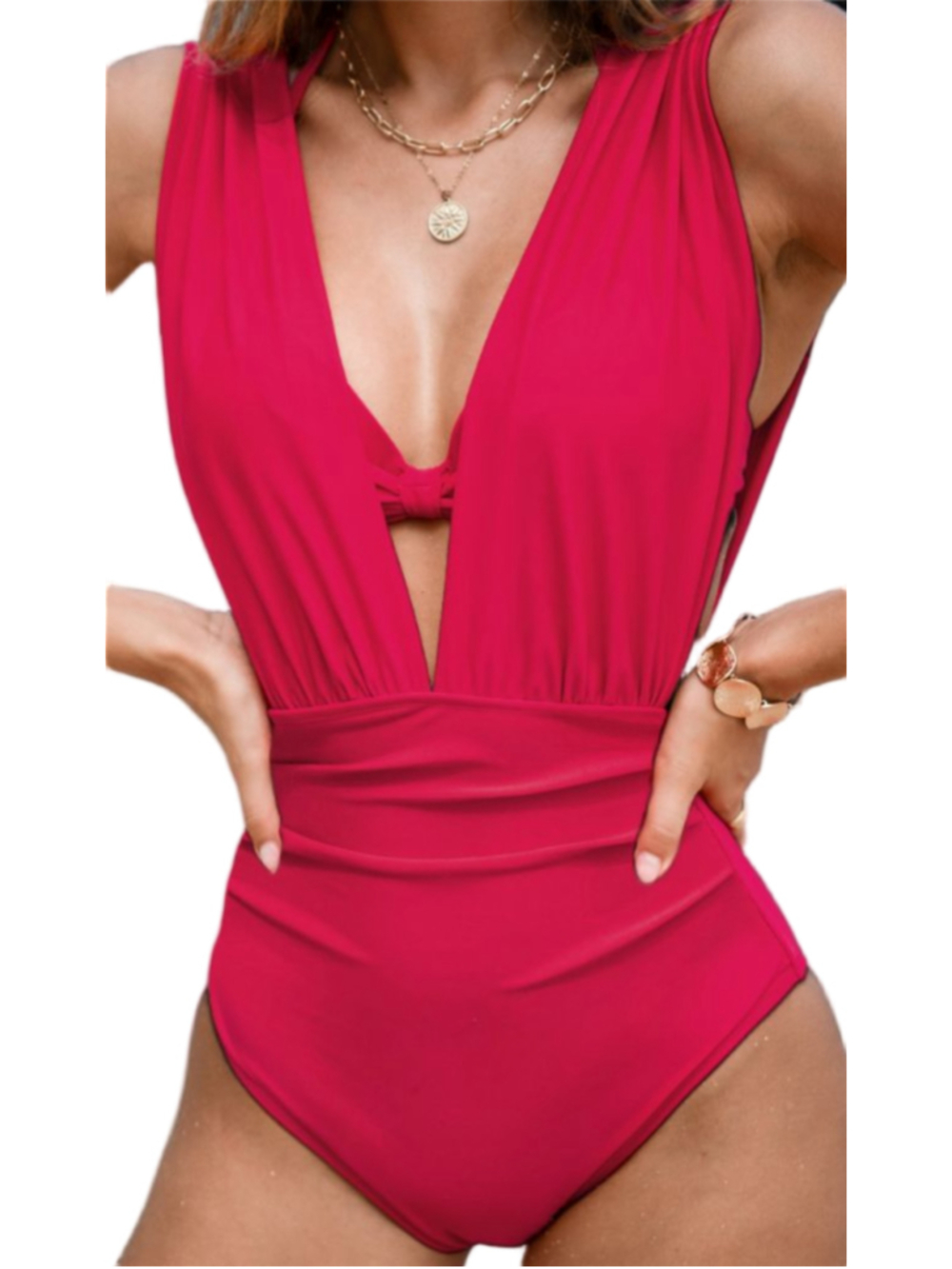 Cupshe One Piece Swimsuit Womens M Cherry Red Plunge Ruched Tummy Control - Picture 1 of 11